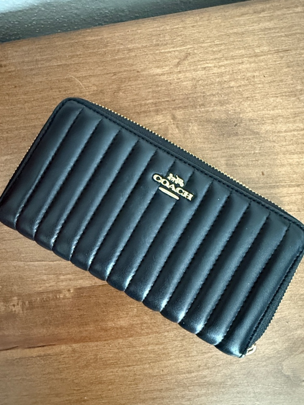 Coach Black Quilted Leather Zip Wallet with Gold Hardware